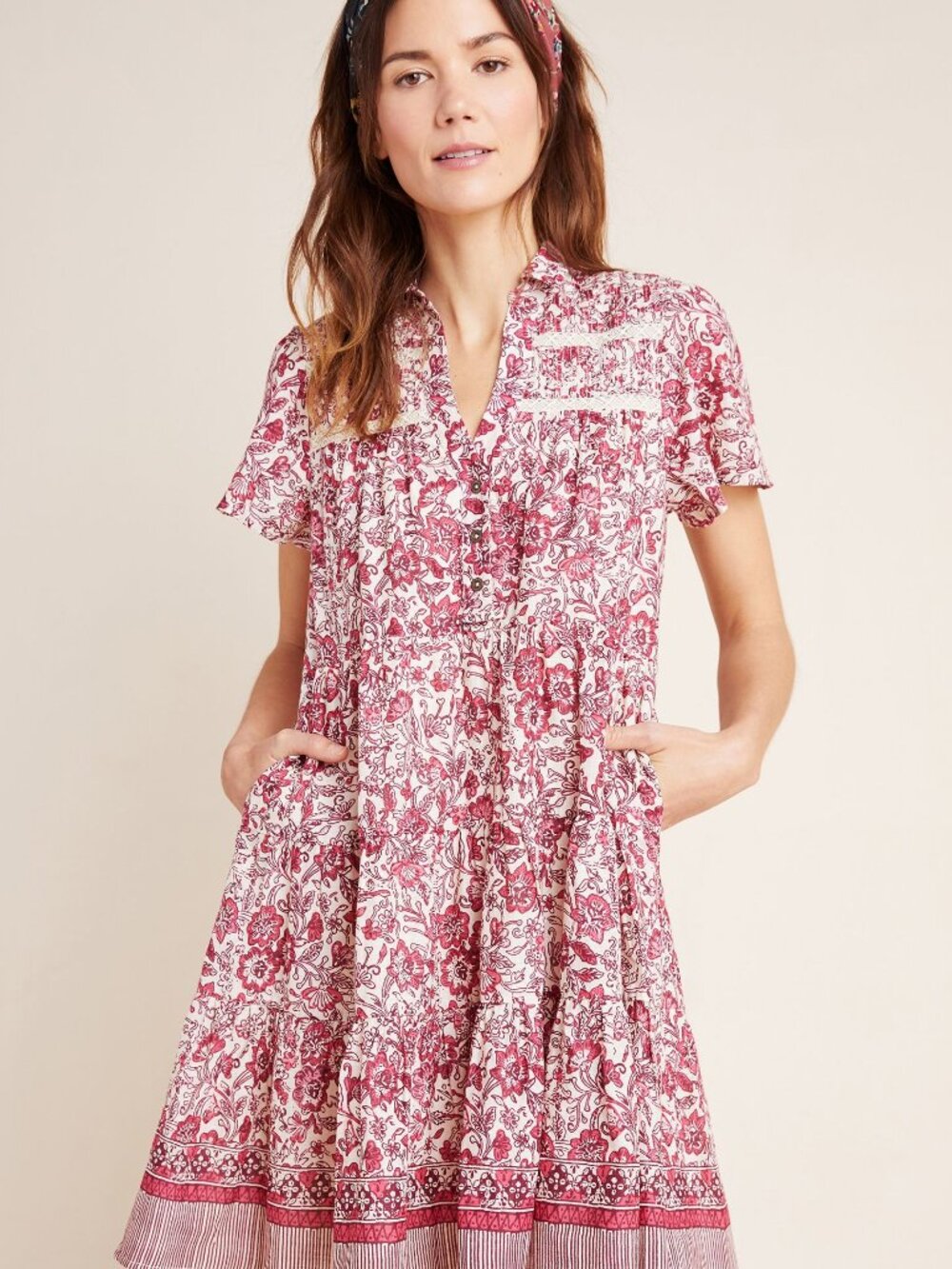 Anthropologie Georgina Tiered Shirtdress Red Floral Size S